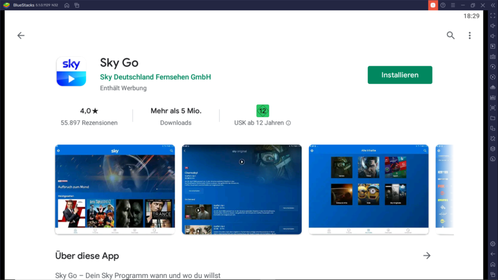 Sky Go App installation aus dem Google Play Store